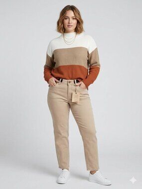 Colorblock Knit Sweater Cream Tan Rust Mock Neck Cozy Pullover Lightweight SMALL